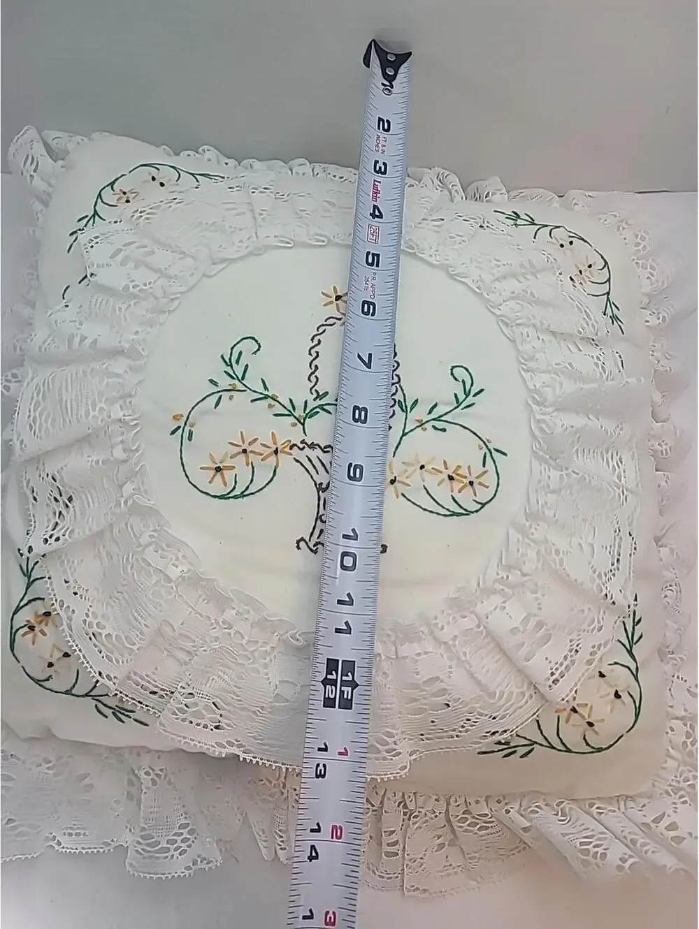 Shabby Chic Hand Stitched Embroidered Pillow With Lace Trim Cottagecore 12x12